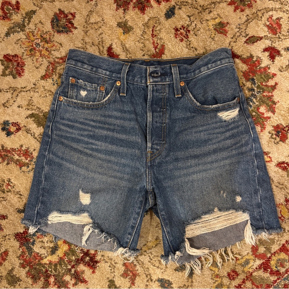 Levi’s 501 Button Fly Mid Rise Distressed Shorts